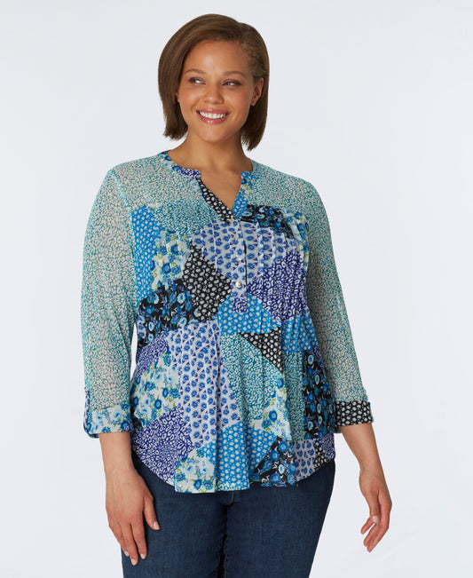 Roz & Ali Blue Mesh Patchwork Popover - Plus