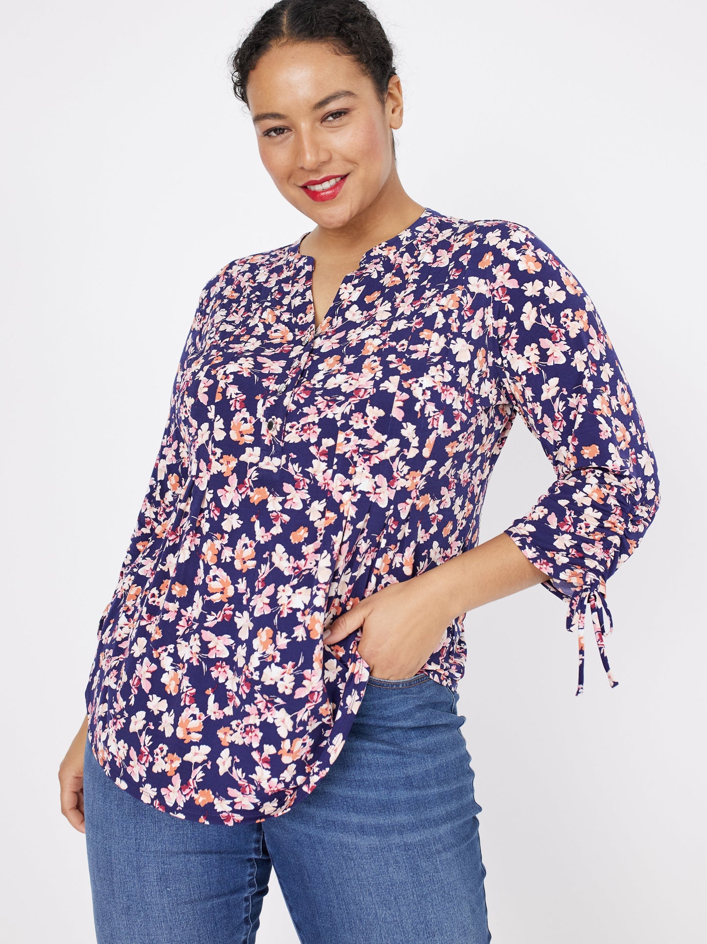 Roz & Ali Tie Sleeve Floral Popover - Plus